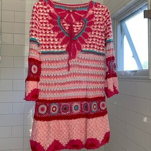 Calypso St. Barth Womens Crochet Sheer Knit Long bell Sleeve Dress Size Small